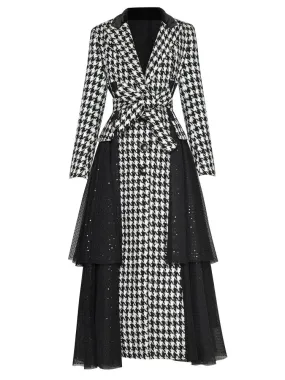 Women's Elegant Houndstooth Long Mesh Coat