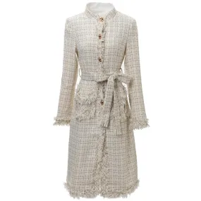 Women's Elegant Luxe White Tweed Long Coat