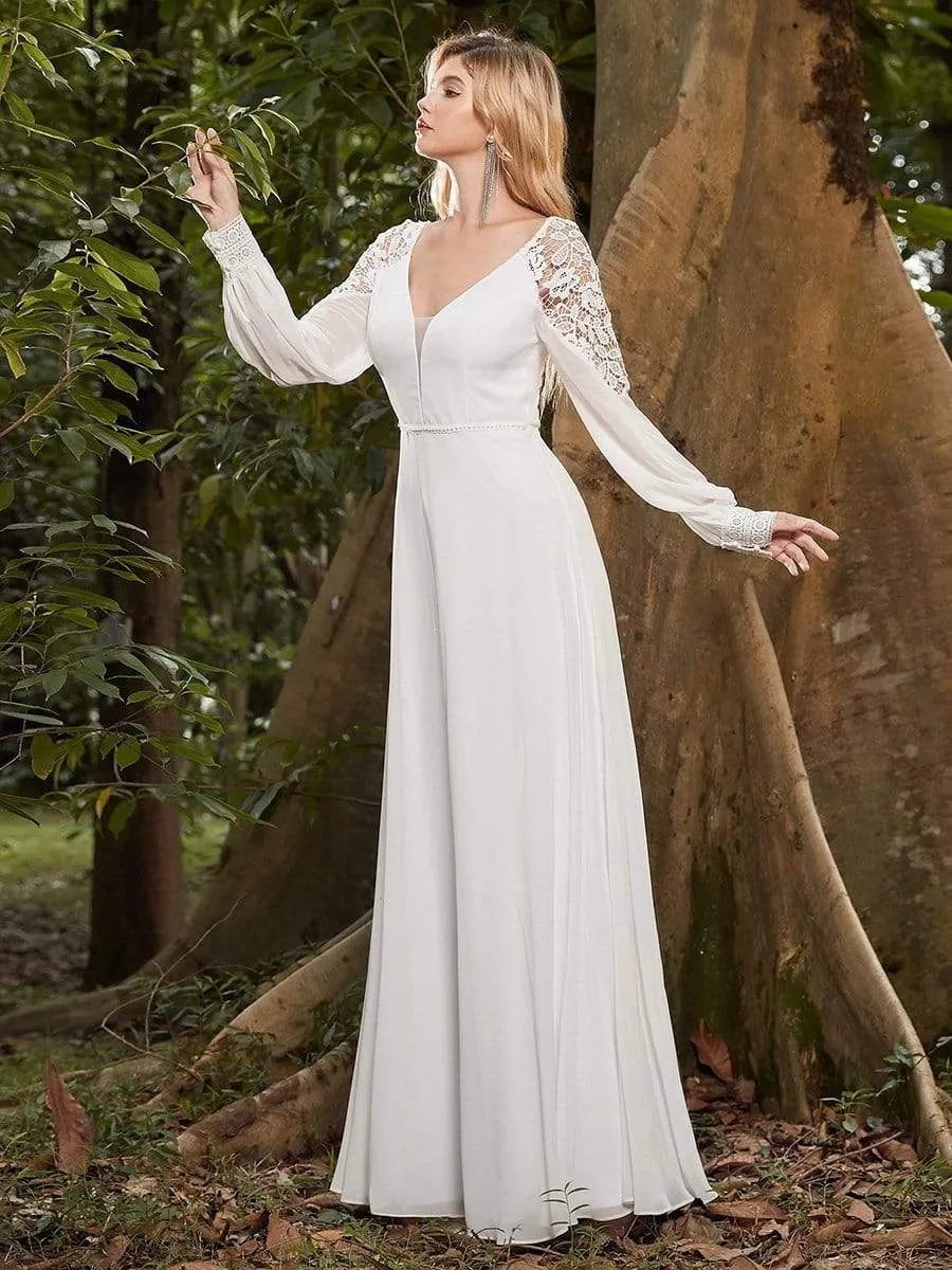 Women's Sexy V Neck Maxi Chiffon Wedding Dress with Lace Shoulder