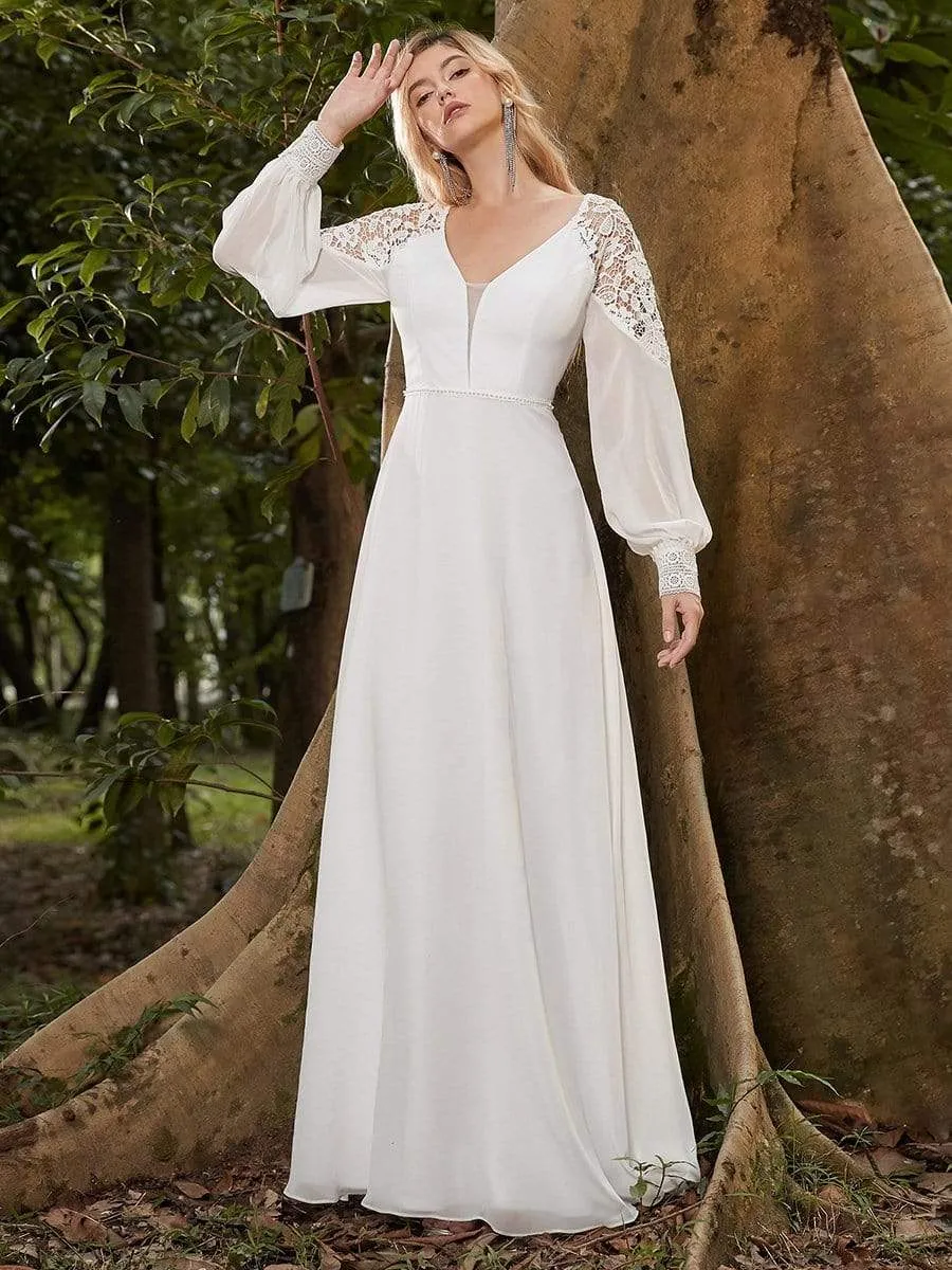 Women's Sexy V Neck Maxi Chiffon Wedding Dress with Lace Shoulder