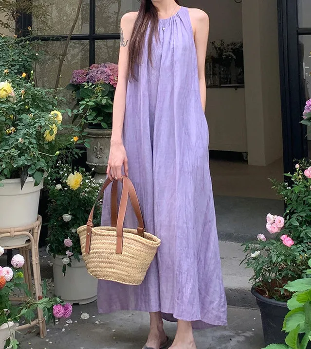 Women's Summer Solid Color Round Neck Sleeveless Long Casual Dress, Minimalist Maxi Dress