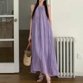 Women's Summer Solid Color Round Neck Sleeveless Long Casual Dress, Minimalist Maxi Dress