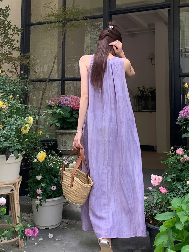 Women's Summer Solid Color Round Neck Sleeveless Long Casual Dress, Minimalist Maxi Dress