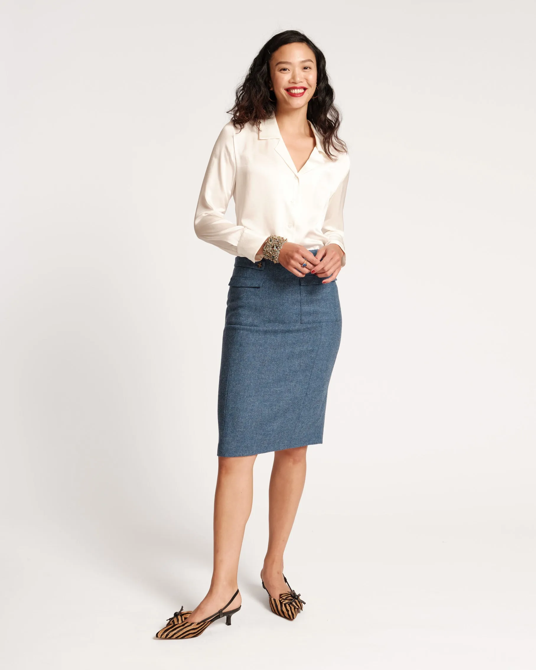 Wool Pencil Skirt Blue