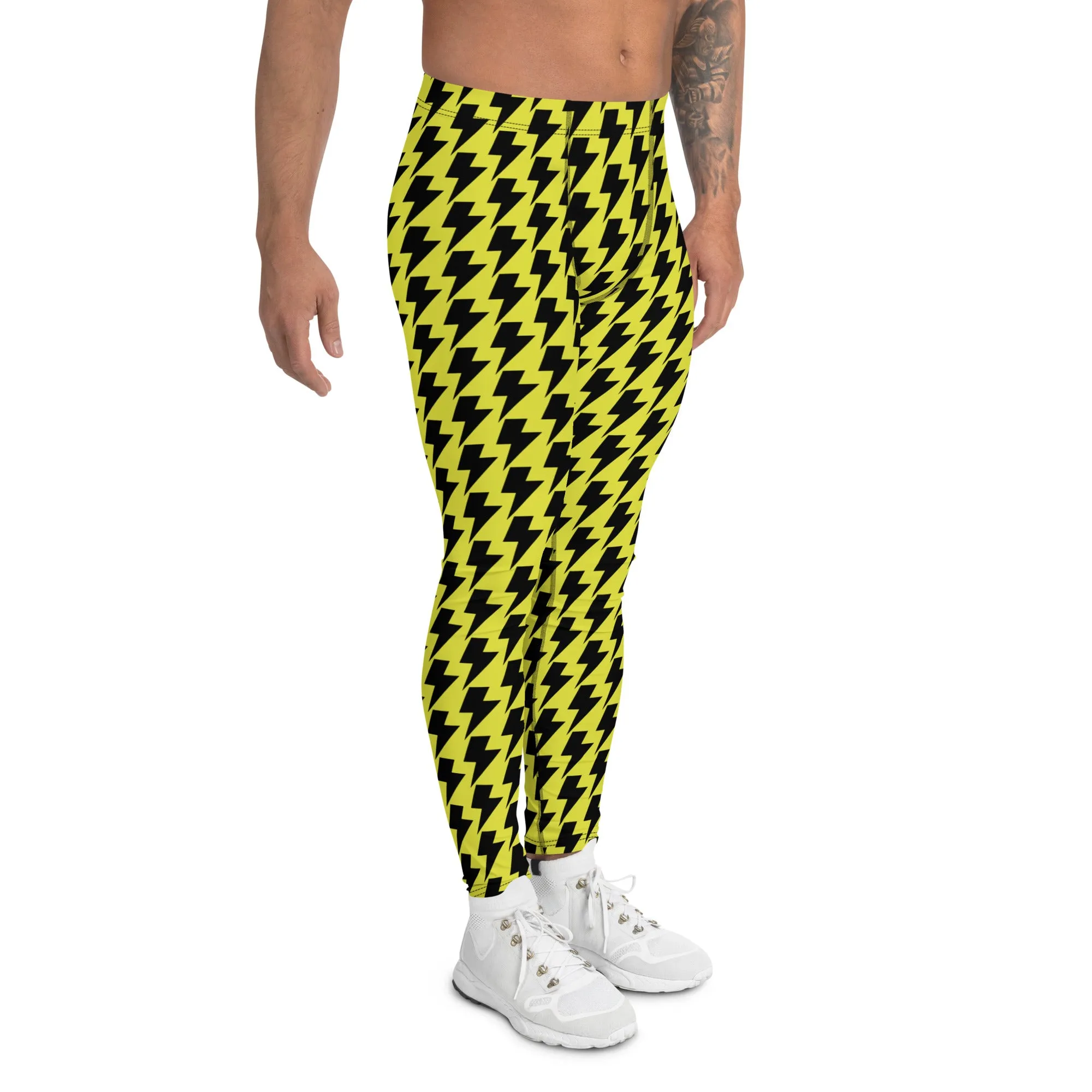 Yellow Lightning Best Men's Leggings, Lightning Pattern Abstract Designer Running Compression Tights For Men - Made in USA/EU/MX