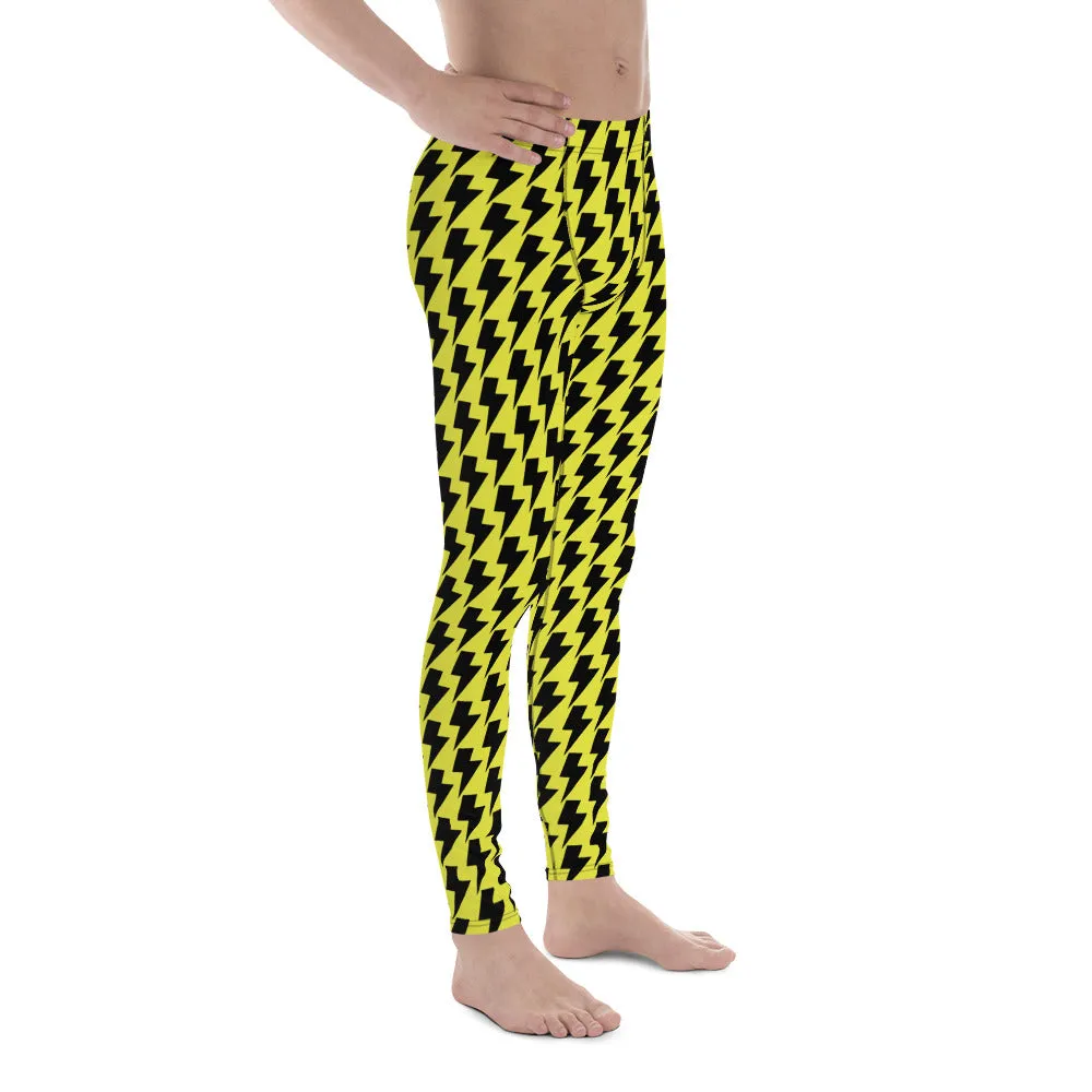 Yellow Lightning Best Men's Leggings, Lightning Pattern Abstract Designer Running Compression Tights For Men - Made in USA/EU/MX