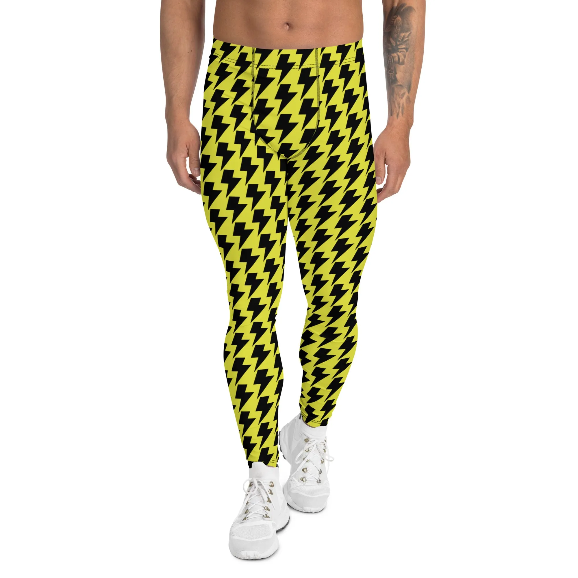 Yellow Lightning Best Men's Leggings, Lightning Pattern Abstract Designer Running Compression Tights For Men - Made in USA/EU/MX