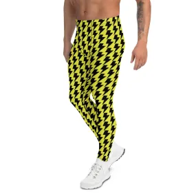 Yellow Lightning Best Men's Leggings, Lightning Pattern Abstract Designer Running Compression Tights For Men - Made in USA/EU/MX