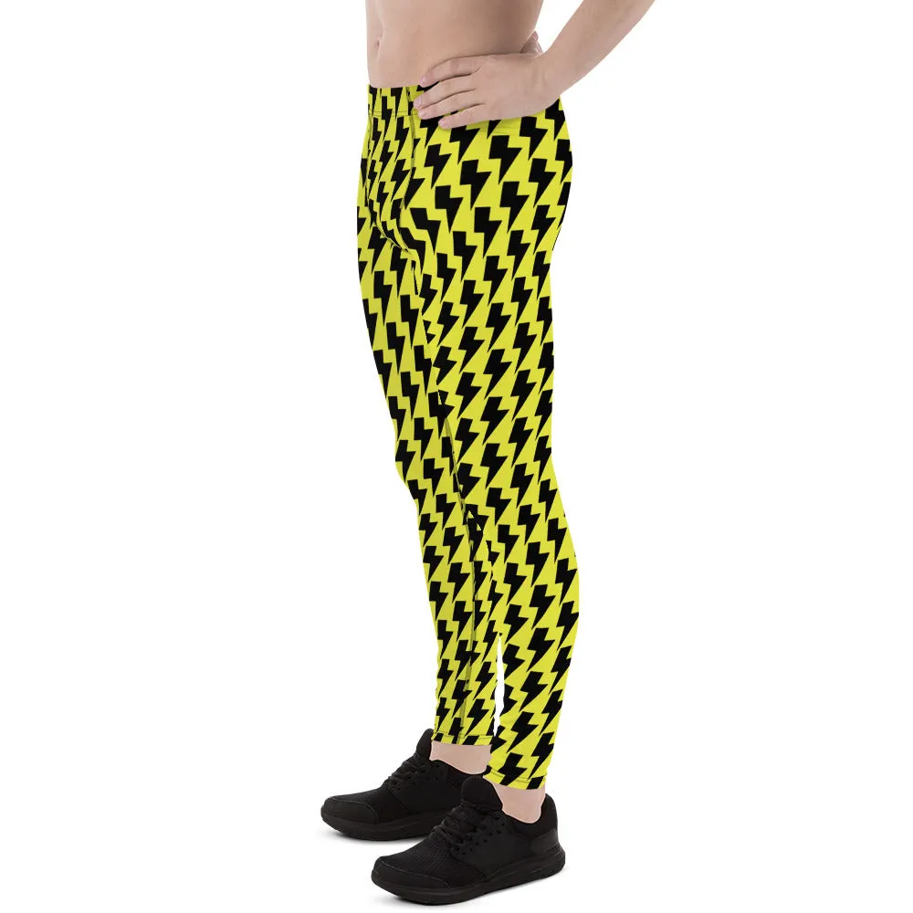 Yellow Lightning Best Men's Leggings, Lightning Pattern Abstract Designer Running Compression Tights For Men - Made in USA/EU/MX