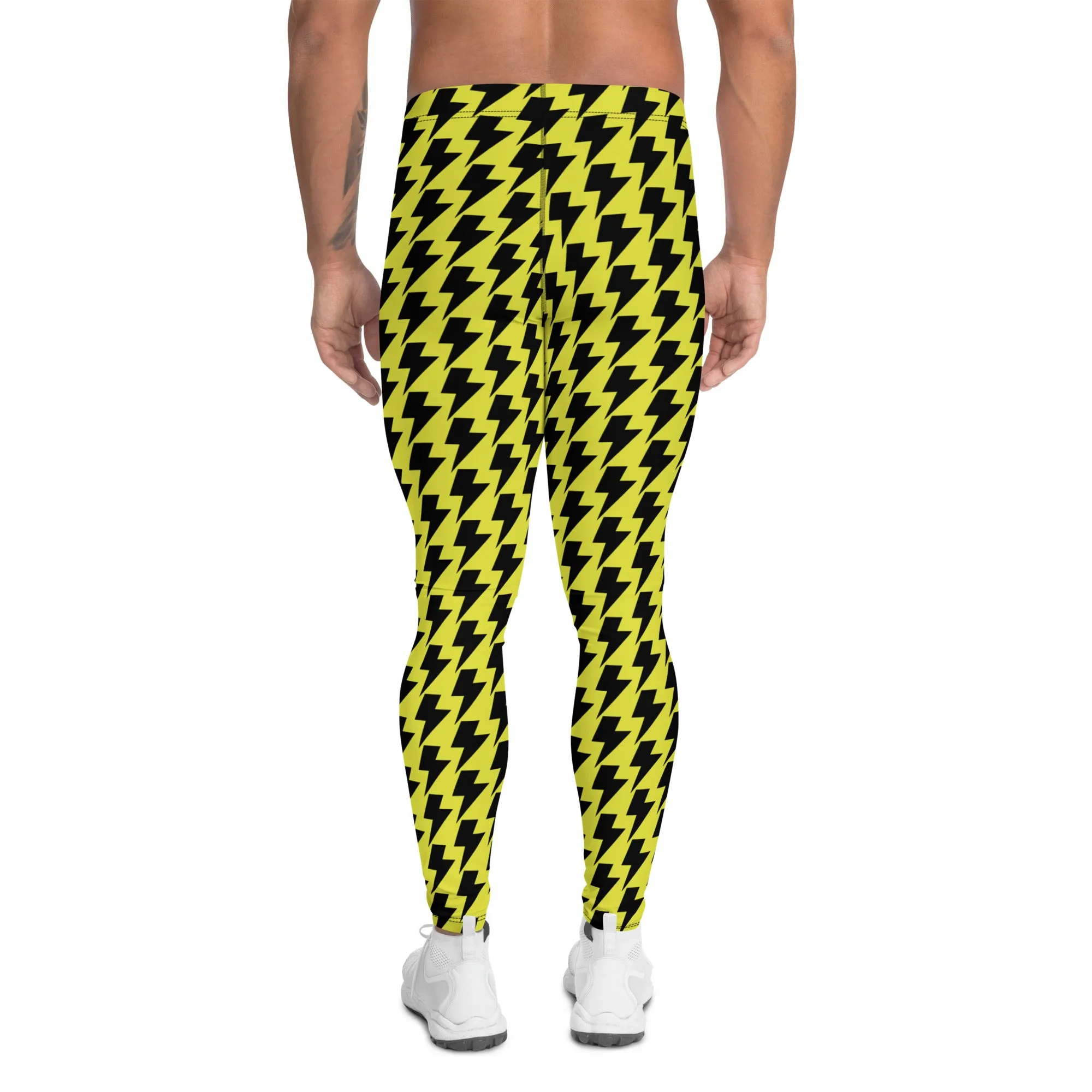 Yellow Lightning Best Men's Leggings, Lightning Pattern Abstract Designer Running Compression Tights For Men - Made in USA/EU/MX