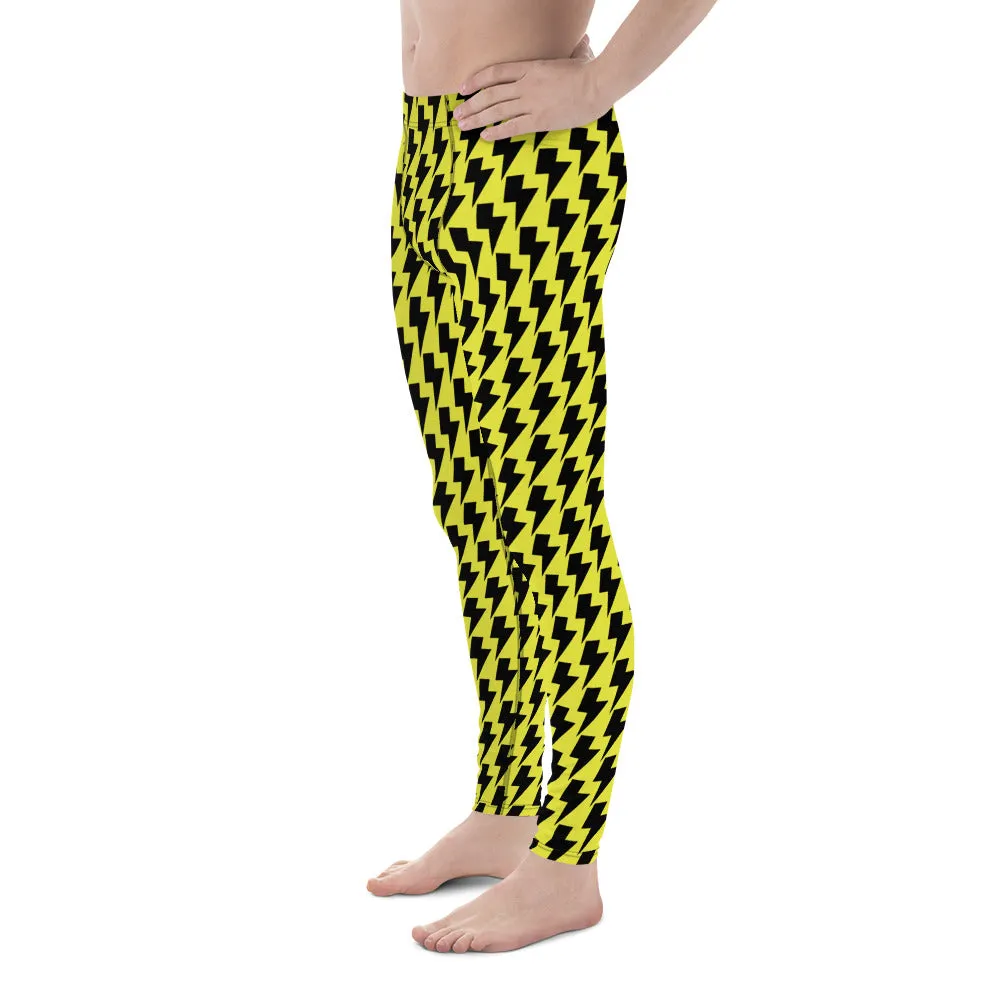 Yellow Lightning Best Men's Leggings, Lightning Pattern Abstract Designer Running Compression Tights For Men - Made in USA/EU/MX