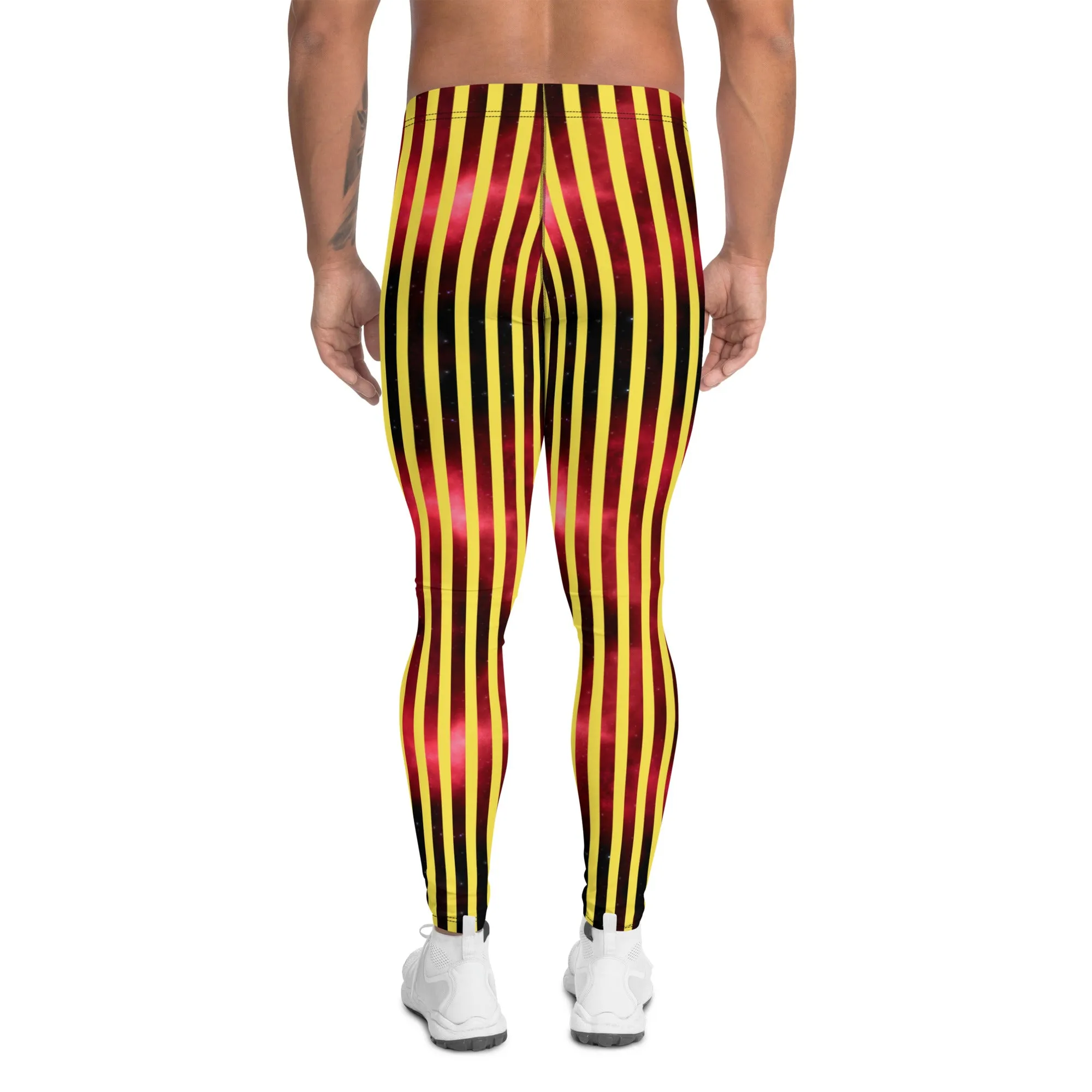 Yellow Red Striped Men's Leggings, Vertical Striped Meggings Compression Tights For Men- Made in USA/EU/MX