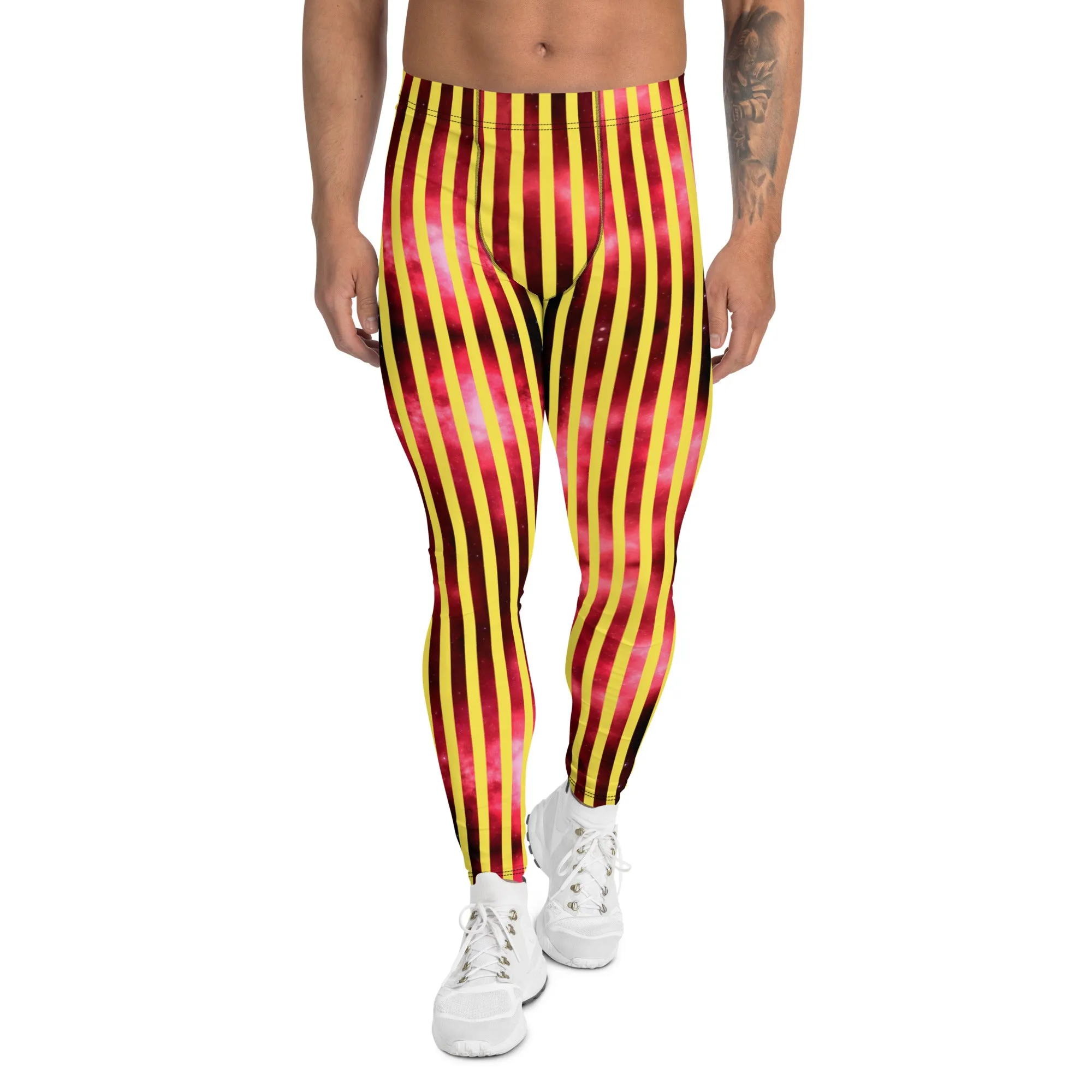 Yellow Red Striped Men's Leggings, Vertical Striped Meggings Compression Tights For Men- Made in USA/EU/MX