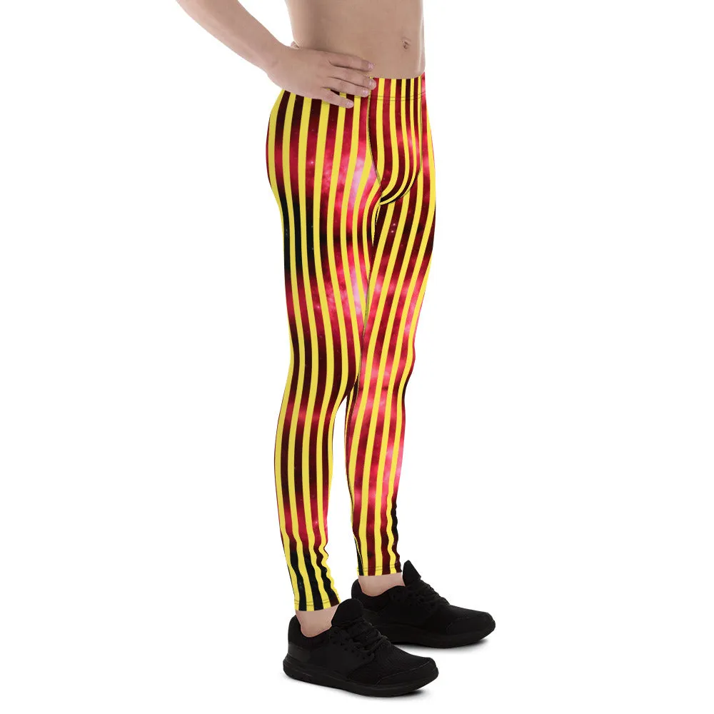 Yellow Red Striped Men's Leggings, Vertical Striped Meggings Compression Tights For Men- Made in USA/EU/MX