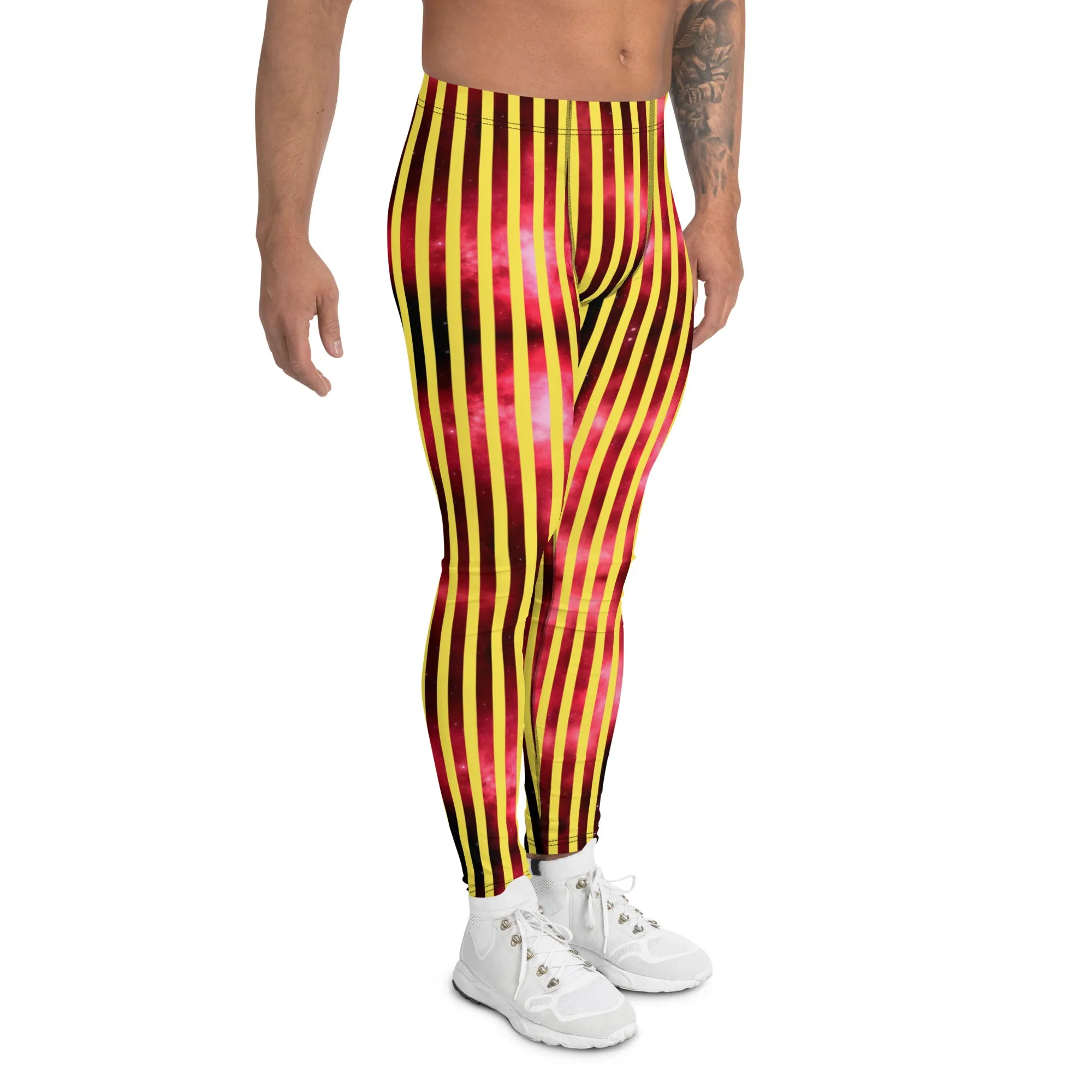 Yellow Red Striped Men's Leggings, Vertical Striped Meggings Compression Tights For Men- Made in USA/EU/MX