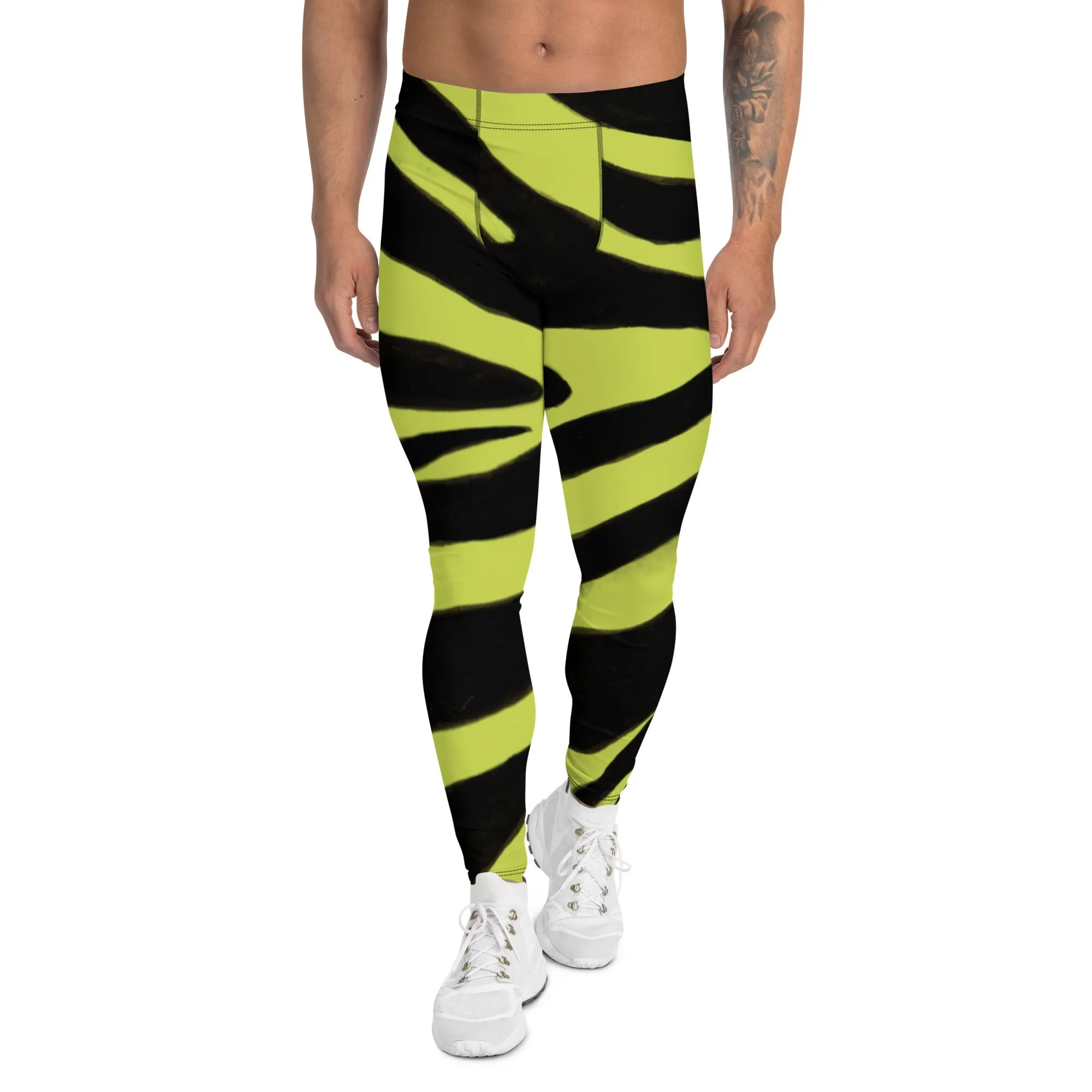 Yellow Zebra Men's Leggings, Zebra Striped Animal Print Designer Meggings Compression Tights For Men- Made in USA/EU