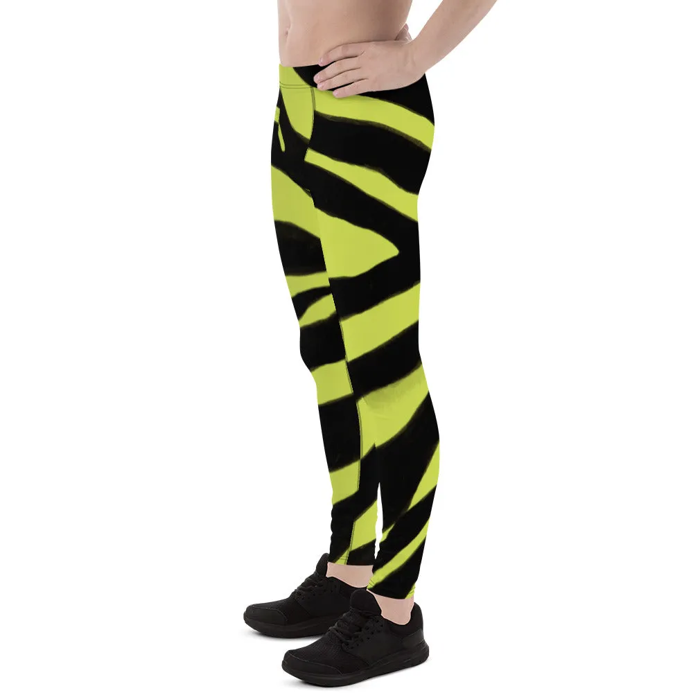 Yellow Zebra Men's Leggings, Zebra Striped Animal Print Designer Meggings Compression Tights For Men- Made in USA/EU