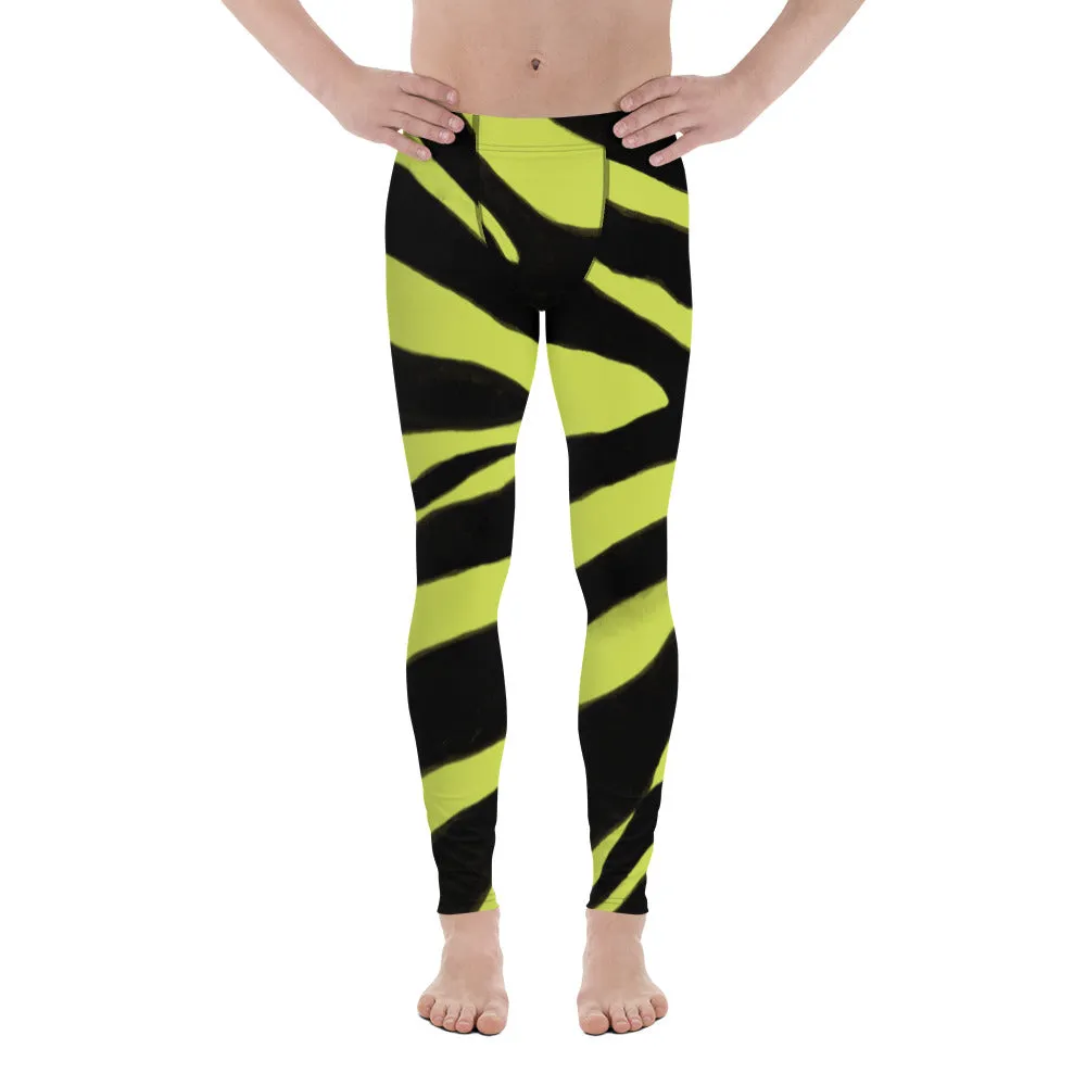 Yellow Zebra Men's Leggings, Zebra Striped Animal Print Designer Meggings Compression Tights For Men- Made in USA/EU