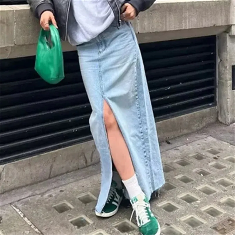 YESMYTOOL  -   Long Denim Skirt Women Blue Streetwear High Waist Front Split Raw Edge Vintage Maxi Jeans Skirt Spring Summer Casual